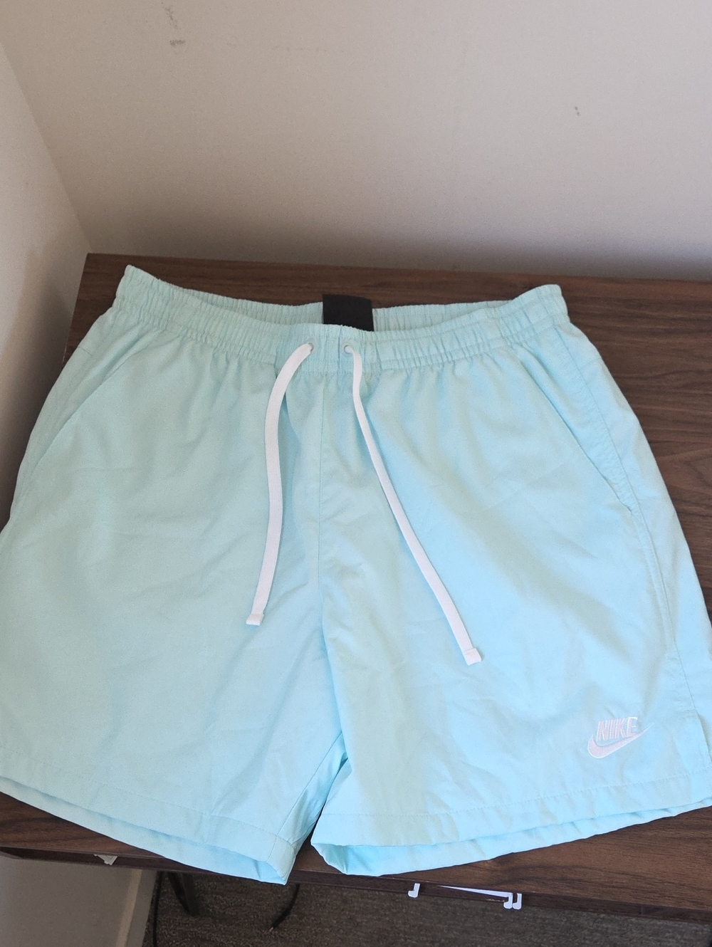 Nike Men's Light Aqua Athletic Shorts with White Drawstring